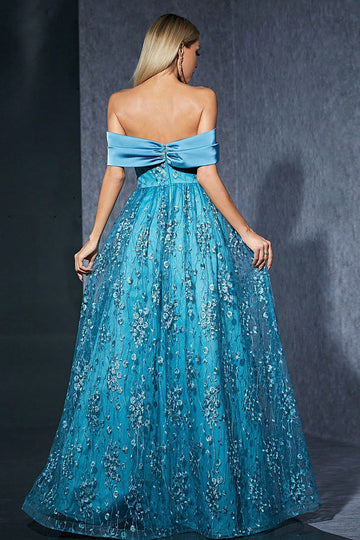 Blue Tulle Off the Shoulder Long Mother of the Bride Dress with Appliques